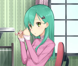 Rule 34 | 10s, 1girl, aqua hair, chair, curtains, unworn eyewear, glasses, green eyes, hair ornament, hairclip, highres, holding, holding removed eyewear, indoors, kantai collection, long hair, long sleeves, looking at viewer, max melon, office chair, parted lips, ribbed sweater, semi-rimless eyewear, solo, suzuya (kancolle), sweater, swivel chair, turtleneck, upper body, window