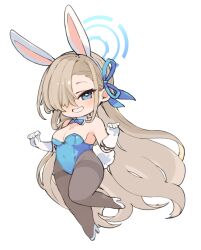 Rule 34 | 1girl, animal ears, asuna (blue archive), asuna (bunny) (blue archive), black pantyhose, blue archive, blue eyes, blue halo, blue leotard, blue ribbon, blush, breasts, chibi, cleavage, detached collar, fake animal ears, fake tail, full body, gloves, grin, hair over one eye, hair ribbon, halo, high heels, highres, large breasts, leotard, light brown hair, long hair, mole, mole on breast, mota, official alternate costume, pantyhose, rabbit ears, rabbit tail, ribbon, simple background, smile, solo, strapless, strapless leotard, tail, white background, white footwear, white gloves
