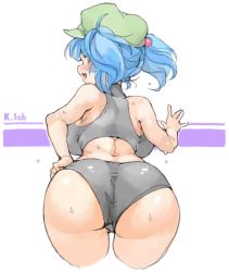 Rule 34 | 1girl, ass, back, bare arms, bare shoulders, blue eyes, blue hair, breasts, cropped legs, from behind, green hat, grey panties, hair bobbles, hair ornament, hand on own hip, hat, huge breasts, kawashiro nitori, leaning forward, looking back, medium hair, open mouth, panties, sachito, smile, solo, sweat, tank top, touhou, turtleneck, two side up, underwear, white background