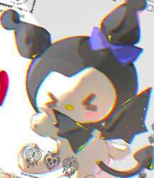 &gt;_&lt; blush_stickers bow chinese_commentary commentary_request commission demon_tail demon_wings highres kuromi light_particles no_humans poppyon purple_bow sample_watermark sanrio solo stamp_mark tail watermark white_background wings