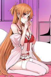 Rule 34 | 1girl, asuna (sao), bare shoulders, blush, breasts, brown eyes, cleavage, condom, condom wrapper, female focus, frills, full body, h2o (ddks2923), highres, lingerie, long hair, looking at viewer, navel, off shoulder, pillow, pink thighhighs, seiza, sitting, solo, sweat, sword art online, thighhighs, underwear