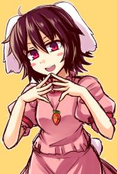 Rule 34 | 1girl, :d, ahoge, animal ears, blush stickers, brown hair, carrot necklace, dress, inaba tewi, jewelry, necklace, open mouth, pendant, pink dress, rabbit ears, rabbit girl, rabbit tail, red eyes, short hair, smile, solo, steepled fingers, tail, tanakara, touhou