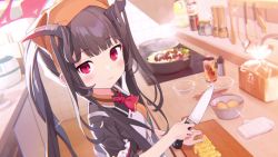 Rule 34 | 1girl, animated, apron, black hair, black shirt, blue archive, bread, breasts, cooking, cutting, cutting board, demon girl, demon horns, egg, food, fuuka (blue archive), halo, highres, horns, knife, light blush, looking at viewer, nabe, official art, orange headwear, red eyes, screencap, shirt, small breasts, smile, tagme, video, video