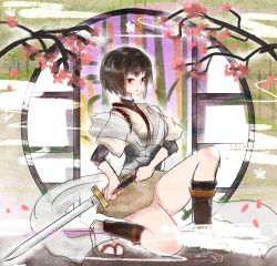 Rule 34 | 10s, 1girl, brown eyes, brown hair, cherry blossoms, full body, highres, holding, holding weapon, hyuuga (kancolle), kantai collection, katana, kneeling, nontraditional miko, nora (salatto), on one knee, short hair, skirt, solo, sword, undershirt, weapon