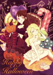 Rule 34 | 2girls, artist request, black dress, blonde hair, blue eyes, brown hair, candy, commentary request, diana cavendish, dress, food, halloween, halloween costume, jack-o&#039;-lantern, kagari atsuko, little witch academia, multiple girls, red eyes, shoes, unworn shoes, tongue, tongue out, white dress, witch