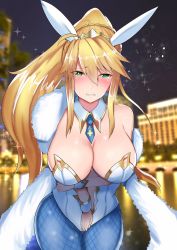 Rule 34 | 1girl, abi (abimel10), ahoge, animal ears, armpits, artoria pendragon (all), artoria pendragon (fate), artoria pendragon (swimsuit ruler) (fate), bare shoulders, blonde hair, blue necktie, blue pantyhose, blurry, blurry background, blush, braid, breasts, cityscape, cleavage, closed mouth, clothing cutout, commentary request, cowboy shot, crown, detached collar, fake animal ears, fate/grand order, fate (series), fishnet pantyhose, fishnets, french braid, fur scarf, green eyes, hair between eyes, highres, large breasts, leotard, long hair, looking at viewer, navel cutout, necktie, night, pantyhose, playboy bunny, ponytail, rabbit ears, sidelocks, solo, swept bangs, thighs, tiara, white leotard