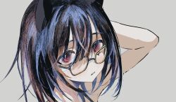 Rule 34 | 1girl, animal ears, arm up, bare shoulders, black hair, blush, cat ears, close-up, expressionless, glasses, grey background, highres, looking at viewer, original, parted lips, red eyes, short hair, simple background, sochira, solo