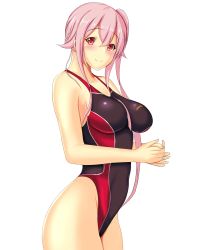 Rule 34 | 1girl, black one-piece swimsuit, commentary request, competition swimsuit, cowboy shot, harusame (kancolle), highleg, highleg swimsuit, highres, impossible clothes, impossible swimsuit, kantai collection, long hair, montemasa, one-piece swimsuit, pink hair, red eyes, side ponytail, simple background, solo, standing, swimsuit, two-tone swimsuit, white background