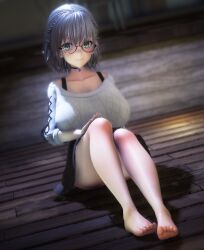 Rule 34 | 1girl, 3d, barefoot, breasts, feet, glasses, green eyes, hand on own knee, hololive, large breasts, light blush, looking at viewer, medium hair, shirogane noel, silver hair, smile, soles, toes, virtual youtuber