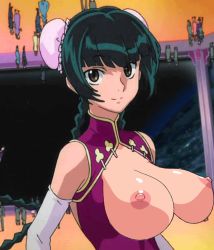 Rule 34 | 00s, 1girl, animated, animated gif, breasts, china dress, chinese clothes, dress, framed breasts, green hair, gundam, gundam 00, large breasts, nipples, solo, solo focus, third-party edit, wang liu mei
