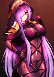 Rule 34 | 1girl, blue eyes, blush, bodysuit, breasts, capelet, cosplay, covered navel, cowboy shot, fate/grand order, fate (series), foxykuro, hair over one eye, hand on own hip, highres, hood, hood up, kurona reole, large breasts, long hair, looking at viewer, purple bodysuit, purple hair, scathach (fate), scathach (fate) (cosplay), shoulder pads, smile, solo, very long hair