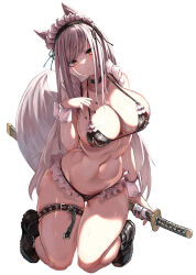 Rule 34 | 1girl, alexi oekaki, animal ears, bikini, black bikini, black choker, black footwear, black nails, breast zipper, breasts, choker, cleavage, commentary request, fox ears, fox girl, fox tail, full body, highres, holding, holding sword, holding weapon, large breasts, long hair, looking at viewer, maid, maid bikini, maid headdress, navel, original, simple background, solo, swimsuit, sword, tail, thigh strap, unconventional maid, weapon, white background, yellow eyes