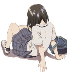 Rule 34 | 1girl, arm support, bag, brown hair, facing away, from behind, mattaku mousuke, on ground, original, parted hair, plaid, plaid skirt, school uniform, shirt, simple background, sitting, skirt, solo, white background