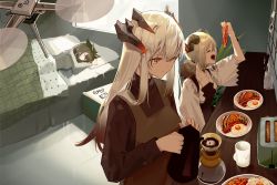 Rule 34 | 3girls, apron, arknights, bird girl, breakfast, brown dress, brown hair, coffee mug, coffee pot, commentary request, cup, dragon horns, dress, glasses, highres, horns, id card, ifrit (arknights), indoors, kanzakimitoto, lanyard, mug, multiple girls, nail polish, orange eyes, orange nails, owl ears, owl girl, pajamas, saria (arknights), short hair, silence (arknights), under covers, white hair