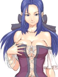 Rule 34 | 1girl, bare shoulders, blue eyes, blue hair, bow, bracelet, breasts, cleavage, corset, detached sleeves, dragon quest, dragon quest ix, earrings, fumio (rsqkr), hair bow, jewelry, large breasts, level-5, long hair, matching hair/eyes, ruida, simple background, sketch, solo