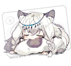 Rule 34 | 1girl, animal ears, arknights, blush, blush stickers, character name, chibi, closed eyes, commentary request, dated, full body, grey hair, head chain, itsuki 02, jewelry, leopard ears, leopard girl, leopard tail, nose bubble, pramanix (arknights), simple background, sitting on tail, sleeping, solo, speech bubble, spoken zzz, spotted tail, tail, twitter username, white background, zzz