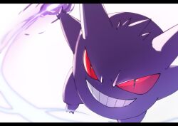 Rule 34 | absurdres, commentary request, creatures (company), energy, game freak, gen 1 pokemon, gengar, grin, highres, looking at viewer, nintendo, no humans, outstretched arms, pokemon, pokemon (creature), roncha (shumokumoku), smile, solo, teeth, white background