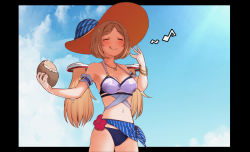 Rule 34 | 1girl, aki rosenthal, aki rosenthal (hololive summer 2019), bikini, blonde hair, blush, bob cut, bracelet, breasts, closed eyes, detached hair, hat, hololive, jewelry, low twintails, medium breasts, necklace, parted bangs, short hair, smile, solo, swimsuit, tenbin gashira, twintails, virtual youtuber