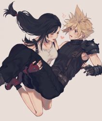 Rule 34 | 1boy, 1girl, 234 (1234!), armor, bare legs, bare shoulders, black hair, black skirt, black socks, blonde hair, blue eyes, blush, boots, breasts, carrying, closed mouth, cloud strife, collarbone, couple, crop top, final fantasy, final fantasy vii, fingerless gloves, gloves, happy, heart, highres, jumping, long hair, looking at another, low-tied long hair, medium breasts, open mouth, pants, princess carry, red footwear, red gloves, shoulder armor, simple background, skirt, socks, spiked hair, square enix, suspender skirt, suspenders, sweater, swept bangs, tank top, tifa lockhart, turtleneck, turtleneck sweater, upper body, white tank top