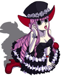 Rule 34 | 1girl, boots, breasts, cleavage, dress, one piece, open mouth, perona, pupupu, sabaody archipelago, sitting, solo, tagme, tongue, watch, wristwatch