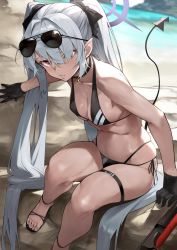 Rule 34 | 1girl, bikini, black choker, black gloves, blue archive, choker, glasses on head, gloves, grey hair, gun, highres, iori (blue archive), iori (swimsuit) (blue archive), long hair, looking at viewer, pointy ears, red eyes, rifle, sandals, sitting, swimsuit, tail, thigh strap, twintails, very long hair, weapon, yoshio (55level)