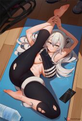 Rule 34 | 1girl, ahoge, animal ear piercing, animal ears, areola slip, artist name, barefoot, blush, breasts, cameltoe, cleft of venus, commentary, ear piercing, english commentary, exercising, greatodoggo, grey eyes, grey hair, hair between eyes, highres, hololive, hololive english, large breasts, leg up, lion ears, lion girl, lion tail, long hair, looking at viewer, navel, pants, patreon logo, patreon username, phone, piercing, shishiro botan, smile, soles, solo, tail, tight clothes, tight pants, torn clothes, twitter logo, twitter username, virtual youtuber, yoga mat, yoga pants