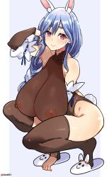 Rule 34 | 1girl, absurdres, aiuti, alternate breast size, bare shoulders, black thighhighs, blue hair, blush, braid, breasts, cleavage, detached sleeves, heart, heart-shaped pupils, highres, hololive, huge breasts, leotard, long hair, mature female, multicolored hair, nipples, pekomama, rabbit tail, red eyes, see-through, slippers, smile, solo, squatting, symbol-shaped pupils, tail, thighhighs, tiptoes, two-tone hair, virtual youtuber