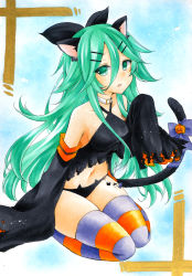 Rule 34 | 1girl, animal ears, black ribbon, blue thighhighs, cat ears, cat tail, choker, commentary request, detached sleeves, green eyes, green hair, hair between eyes, hair flaps, hair ornament, hair ribbon, hairclip, halloween, halloween costume, highres, kantai collection, kemonomimi mode, long hair, looking at viewer, marker (medium), open mouth, orange socks, parted bangs, ponytail, rano (u rano), ribbon, sidelocks, socks, solo, striped clothes, striped socks, striped thighhighs, tail, thighhighs, traditional media, white choker, yamakaze (kancolle)