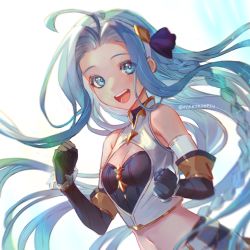 Rule 34 | 1girl, armlet, bare shoulders, blue eyes, blue hair, blurry, blush, braid, commentary, day, english commentary, granblue fantasy, hair ornament, highres, long hair, looking at viewer, lyria (granblue fantasy), oyakorodesu, scrunchie, smile, solo, upper body, very long hair, wrist scrunchie