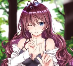 Rule 34 | 10s, 1girl, blue eyes, blush, breasts, brown hair, cleavage, grin, hamu (plot sy), ichinose shiki, idolmaster, idolmaster cinderella girls, koi dance, large breasts, light blush, long hair, looking at viewer, off shoulder, one eye closed, pointing, pointing up, smile, solo, spaghetti strap, wavy hair