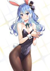 Rule 34 | animal ears, black leotard, black pantyhose, blue hair, bow, bowtie, breasts, cleavage, commentary request, cowboy shot, detached collar, fake animal ears, green ribbon, hat, hololive, hoshimachi suisei, leotard, long hair, looking at viewer, mini hat, mini top hat, neck ribbon, omgamilla, own hands together, pantyhose, playboy bunny, purple eyes, rabbit ears, rabbit tail, ribbon, small breasts, solo, sparkle background, strapless, strapless leotard, tail, top hat, virtual youtuber, white background, wrist cuffs