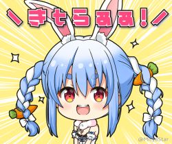 Rule 34 | 1girl, :d, animal ear fluff, animal ears, bare shoulders, blue hair, blush, bow, braid, breasts, carrot hair ornament, chibi, cleavage, commentary request, detached sleeves, don-chan (usada pekora), dress, food-themed hair ornament, hair between eyes, hair bow, hair ornament, hololive, medium breasts, mitya, multicolored hair, open mouth, puffy short sleeves, puffy sleeves, rabbit ears, red eyes, short eyebrows, short sleeves, sidelocks, smile, sparkle, strapless, strapless dress, teeth, thick eyebrows, twin braids, twintails, twitter username, two-tone hair, upper body, upper teeth only, usada pekora, usada pekora (1st costume), virtual youtuber, white bow, white dress, white hair, white sleeves