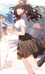 Rule 34 | 1girl, :d, absurdres, black socks, blurry, blurry background, blush, bow, bowtie, breasts, brown eyes, brown hair, brown skirt, collared shirt, day, hairband, highres, lace-trimmed hairband, lace trim, long hair, looking at viewer, medium breasts, nyum, open mouth, original, outdoors, pleated skirt, red bow, red bowtie, school uniform, second-party source, shadow, shirt, short sleeves, skirt, smile, socks, solo, standing, standing on one leg, swept bangs, wavy hair, white shirt