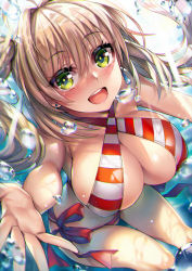 Rule 34 | 1girl, ahoge, bare shoulders, bikini, blush, breasts, collarbone, criss-cross halter, fate/grand order, fate (series), green eyes, hair between eyes, hair intakes, halterneck, highres, jewelry, large breasts, long hair, looking at viewer, moze, nero claudius (fate), nero claudius (fate) (all), nero claudius (swimsuit caster) (fate), open mouth, red bikini, smile, solo, striped bikini, striped clothes, swimsuit, twintails