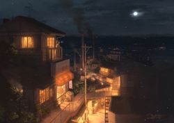 Rule 34 | 1girl, 2017, breath, brown hair, chimney, city, city lights, cloud, dark, dated, factory, highres, looking up, moon, night, original, pochi (poti1990), scenery, signature, sky, smoke, smokestack, snow, solo, tree, twintails, utility pole, water, winter