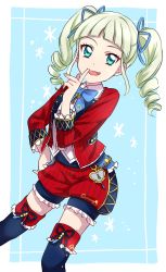 Rule 34 | 1girl, :d, aikatsu!, aikatsu! (series), aqua eyes, blue background, blue ribbon, blue thighhighs, drill hair, dutch angle, fang, finger to mouth, frilled thighhighs, frills, hand on own hip, highres, index finger raised, jewelry, key, key necklace, lock, long sleeves, looking at viewer, necklace, open mouth, puffy pants, ribbon, sekina, silver hair, smile, solo, standing, thighhighs, todo yurika, twin drills
