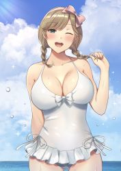 Rule 34 | 1girl, :d, arm at side, bare arms, bare shoulders, bow, braid, breasts, brown hair, cleavage, cloud, collarbone, commentary request, day, female focus, green eyes, hair bow, haruka (senran kagura), highres, horizon, large breasts, lemonrou, looking at viewer, ocean, one-piece swimsuit, one eye closed, open mouth, outdoors, senran kagura, sky, smile, solo, swimsuit, swimsuit skirt, teeth, twin braids, upper teeth only, wet, white one-piece swimsuit