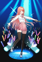Rule 34 | 1girl, ;d, badge, black background, black thighhighs, blue background, bow, bowtie, bracelet, breasts, closers, collared shirt, dark background, full body, glowstick, gradient background, highres, holding, holding microphone, idol, jewelry, long hair, long sleeves, looking at viewer, luna aegis (closers), microphone, midriff peek, miniskirt, official art, one eye closed, open mouth, orange hair, outstretched arms, pink bow, pink bowtie, pink eyes, pink skirt, plaid, plaid bow, plaid bowtie, plaid skirt, pleated skirt, school uniform, shirt, shoes, skirt, sleeves pushed up, small breasts, smile, sneakers, solo, sparkle, stage, stage lights, standing, standing on one leg, star bracelet, tachi-e, thighhighs, v-shaped eyebrows, very long hair, white footwear, white shirt, zettai ryouiki