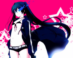 Rule 34 | 10s, 1girl, aplerichi, bad id, bad pixiv id, bikini, bikini top only, black bikini, black hair, black rock shooter, black rock shooter (character), blue eyes, coat, glowing, glowing eyes, long hair, midriff, navel, pale skin, scar, shorts, solo, star (symbol), swimsuit, twintails, very long hair