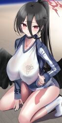 Rule 34 | 1girl, absurdres, black hair, black wings, blue archive, blue jacket, blush, breasts, choker, closed mouth, collarbone, feathered wings, gym shirt, gym uniform, hair between eyes, halo, hanasaka houcha, hasumi (blue archive), hasumi (track) (blue archive), high ponytail, highres, huge breasts, jacket, kneeling, large breasts, long hair, long sleeves, looking at viewer, low wings, official alternate costume, original, parted lips, ponytail, red eyes, revision, shirt, socks, solo, sweat, thighs, very long hair, white shirt, wings