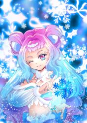 Rule 34 | 1girl, blue hair, blue nails, blush, closed mouth, crop top, cure la mer, detached sleeves, eyelashes, fur-trimmed sleeves, fur trim, gradient hair, highres, index finger raised, long hair, long sleeves, looking at viewer, manekineko5319, midriff, multicolored hair, nail polish, navel, one eye closed, pink eyes, pink hair, precure, smile, snowflakes, solo, stomach, tropical-rouge! precure, upper body, very long hair, white sleeves