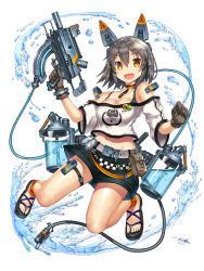 Rule 34 | 1girl, anklet, bare shoulders, breasts, brown eyes, choker, cleavage, full body, gia, gloves, grey hair, gun, hair between eyes, hair ornament, hairclip, headgear, highres, holding, holding gun, holding weapon, jewelry, looking at viewer, medium breasts, midriff, open mouth, original, sandals, short hair, shorts, signature, solo, thigh strap, trigger discipline, water, weapon, white background