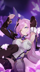 Rule 34 | 1girl, ;), armpits, arms up, asymmetrical sleeves, black thighhighs, blue eyes, blush, breasts, cleavage, closed mouth, elysia (honkai impact), elysia (miss pink elf) (honkai impact), flower, hair ornament, highres, honkai (series), honkai impact 3rd, long hair, looking at viewer, medium breasts, official art, one eye closed, pink hair, pointy ears, seductive smile, smile, solo, swept bangs, thighhighs, very long hair