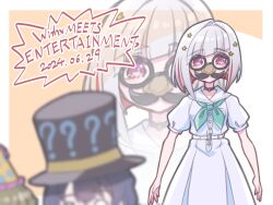 Rule 34 | 3girls, absurdres, aqua neckerchief, arms at sides, black choker, black hat, blurry, blurry foreground, bob cut, border, choker, colored inner hair, commentary request, cowboy shot, dated, diagonal bangs, dress, glasses, grey hair, groucho glasses, hair ornament, hasu no sora school uniform, hat, highres, inverted bob, kachimachi kosuzu, link! like! love live!, love live!, multicolored hair, multiple girls, murano sayaka, neckerchief, nuko kirisaki, o-ring, o-ring choker, out of frame, outside border, pink eyes, pleated dress, puffy short sleeves, puffy sleeves, red hair, sailor collar, sailor dress, school uniform, short hair, short sleeves, solo focus, standing, star (symbol), star hair ornament, streaked hair, summer uniform, top hat, two-tone background, virtual youtuber, white background, white border, white dress, white sailor collar, yellow background, yugiri tsuzuri, zoom layer