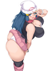Rule 34 | 1girl, absurdres, ass, bare shoulders, beanie, blue eyes, blue hair, blush, boots, breasts, clothes lift, creatures (company), cyberboi, dawn (pokemon), from above, game freak, hair ornament, hairclip, hat, highres, huge ass, large breasts, leaning, leaning forward, long hair, looking at viewer, looking back, naughty face, nintendo, open mouth, panties, pokemon, pokemon dppt, skirt, skirt lift, smile, solo, thick thighs, thighhighs, thighs, tongue, tongue out, underwear, v
