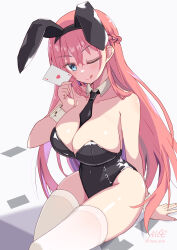 Rule 34 | 1girl, animal ears, black leotard, black necktie, blue eyes, braid, breasts, card, cleavage, collarbone, covered navel, cowboy shot, curvy, detached collar, fake animal ears, french braid, hair between eyes, highres, large breasts, leotard, licking lips, long hair, looking at viewer, necktie, noe (noe emk), one eye closed, original, pink hair, playboy bunny, rabbit ears, simple background, sitting, smile, solo, thighhighs, tongue, tongue out, white thighhighs, wide hips, wrist cuffs