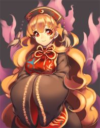 Rule 34 | 1girl, bad id, bad pixiv id, black dress, blonde hair, breasts, cheong ha, chinese clothes, curly hair, dress, energy, fox tail, hat, junko (touhou), long hair, long sleeves, looking to the side, multiple tails, own hands together, red eyes, ribbon, smile, solo, tabard, tail, touhou, very long hair, wide sleeves