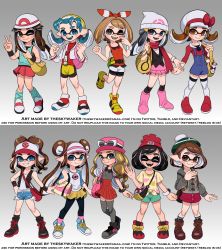 Rule 34 | 6+girls, baseball cap, beanie, beret, boots, company connection, creatures (company), dawn (pokemon), eyewear on headwear, fangs, frilled shorts, frills, game freak, gloria (pokemon), gradient background, grey background, hat, highres, hilda (pokemon), inkling, inkling player character, kris (pokemon), leaf (pokemon), looking at viewer, lyra (pokemon), may (pokemon), multiple girls, nintendo, open mouth, overalls, pantyhose, pokemon, pokemon bw, pokemon bw2, pokemon dppt, pokemon frlg, pokemon gsc, pokemon hgss, pokemon oras, pokemon sm, pokemon swsh, pokemon xy, rosa (pokemon), scarf, selene (pokemon), serena (pokemon), shoes, short shorts, shorts, skirt, smile, sneakers, splatoon (series), standing, tam o&#039; shanter, tentacle hair, theskywaker, thighhighs