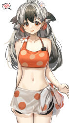 Rule 34 | 1girl, :d, absurdres, arknights, bare shoulders, bikini, black hair, breasts, commentary request, cowboy shot, flower, grey hair, hair flower, hair ornament, highres, long hair, looking at viewer, midriff, multicolored hair, navel, nopetroto, open mouth, orange eyes, polka dot, revision, sarong, shorts, simple background, small breasts, smile, snowsant (arknights), solo, spoken blush, standing, stomach, swimsuit, thighs, two-tone hair, white background, white flower