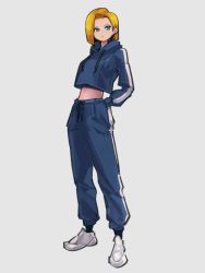 Rule 34 | 1girl, alternate costume, android 18, blonde hair, blue eyes, blue jacket, closed mouth, dragon ball, dragonball z, full body, grey background, hands in pockets, jacket, kemachiku, long sleeves, looking at viewer, shoes, short hair, simple background, sneakers, solo, standing, track jacket, white footwear